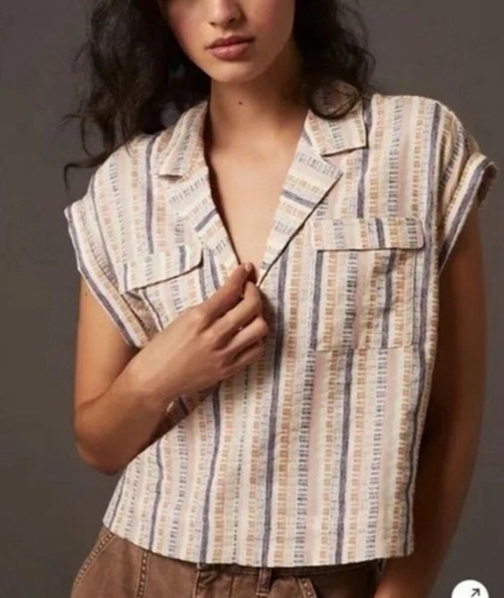 Anthropologie Striped V Neck Short Sleeve Bohemian Print Camp Shirt Size 1X